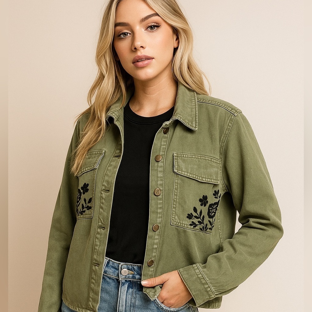 Driftwood Olive Green denim-bohemian Embroidered Women's Jacket size small NWT